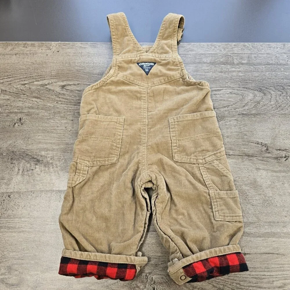 OshKosh Bgosh Corduroy Overalls Baby Size 12 Month Buffalo Check Plaid Lined
